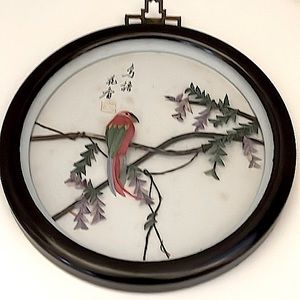 Unique Chinese framed 3D picture of parrot, branches, flowers and vines!